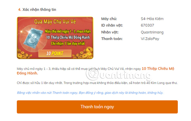 Nạp Kiếm Thế Origin trên web