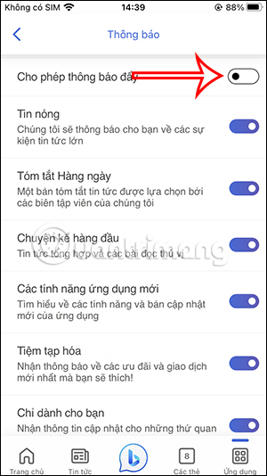 Bật thông báo trên Bing AI