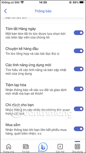 Các mục thông báo trên Bing AI