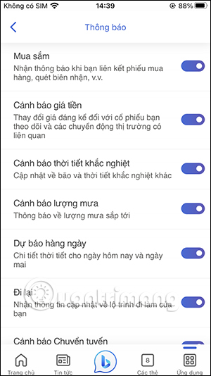 Thông báo nội dung trên Bing AI