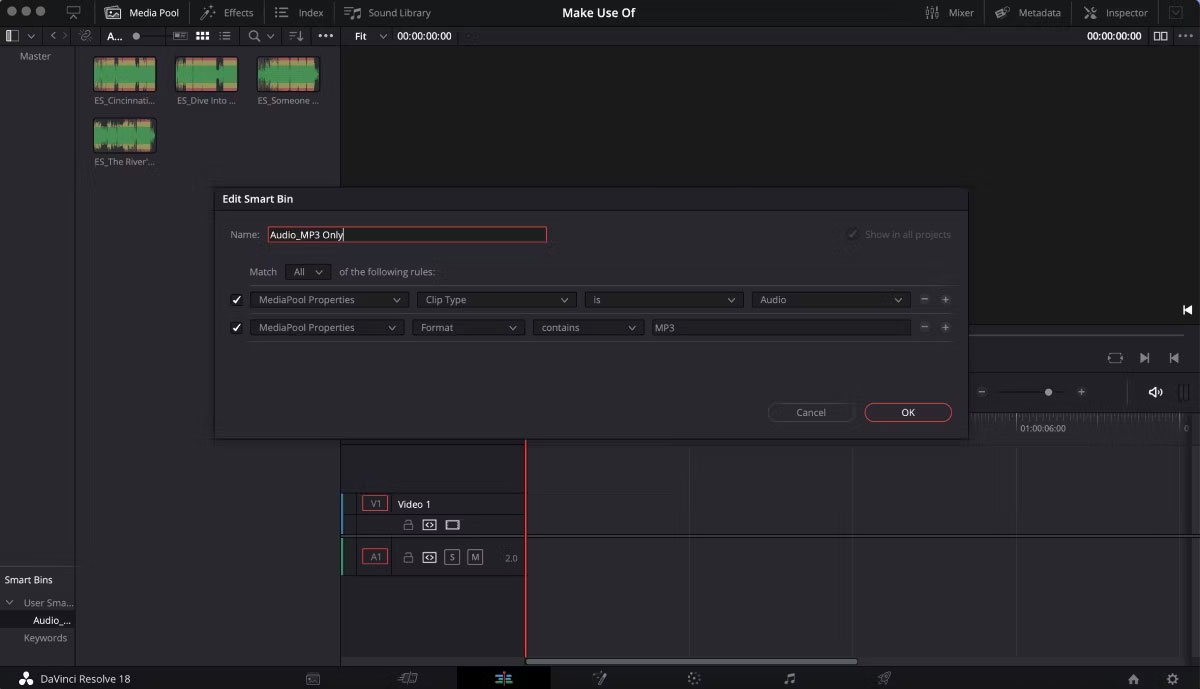 Chỉnh sửa Smart Bin trên DaVinci Resolve đã mở, chọn các clip âm thanh chỉ ở định dạng MP3