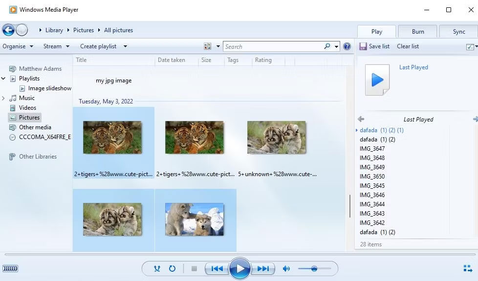 Hình ảnh slideshow được chọn trong Windows Media Player