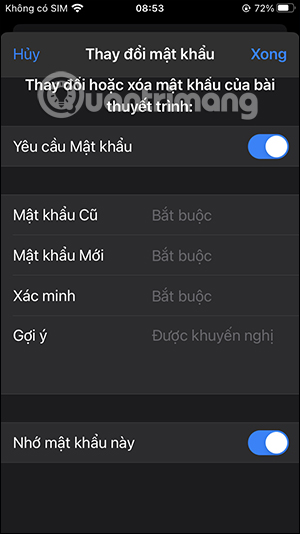 Nhập mật khẩu mới slide trên Keynote