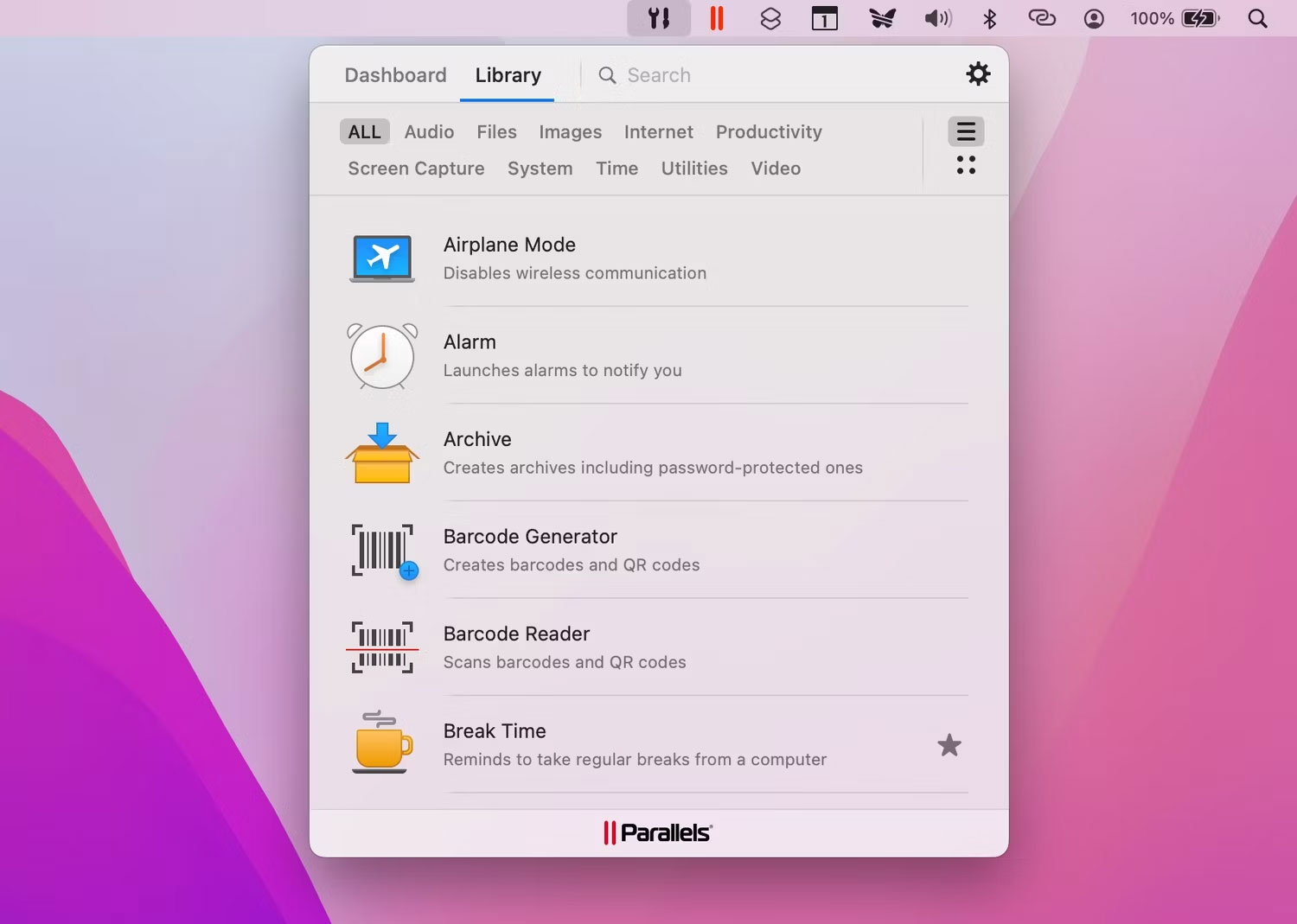 Truy cập Parallels Desktop Toolbox từ thanh menu macOS