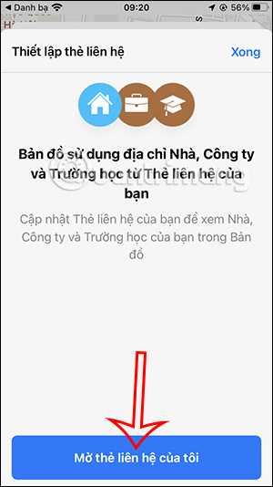 Mở giao diện thẻ liên hệ trên Apple Maps