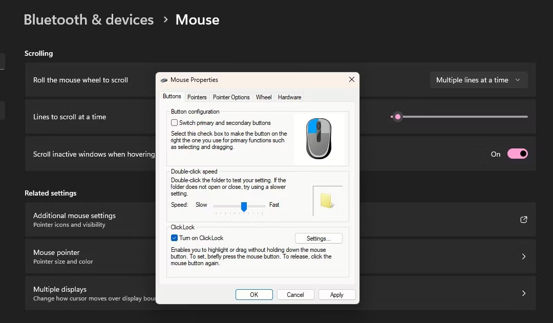 ClickLock được bật trong Mouse Properties