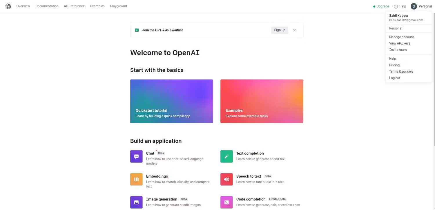 Giao diện trang web OpenAI hiển thị menu drop-down