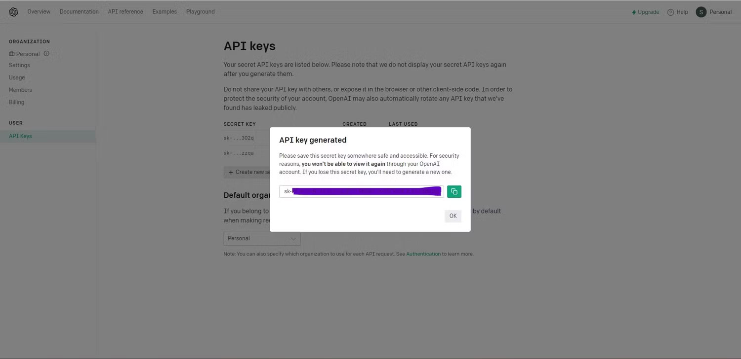 Trang web key bí mật của OpenAI với hộp thoại đang mở