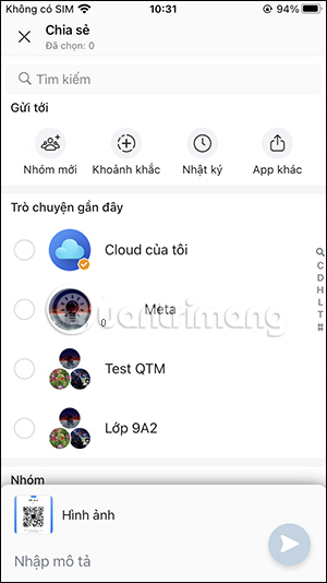 Tùy chọn chia sẻ QR Mini Apps Zalo