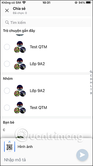 Chọn gửi mã QR Mini Apps Zalo