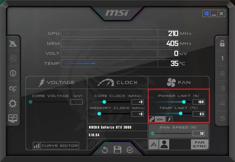 Thanh trượt “Power Limit” và “Temp Limit”