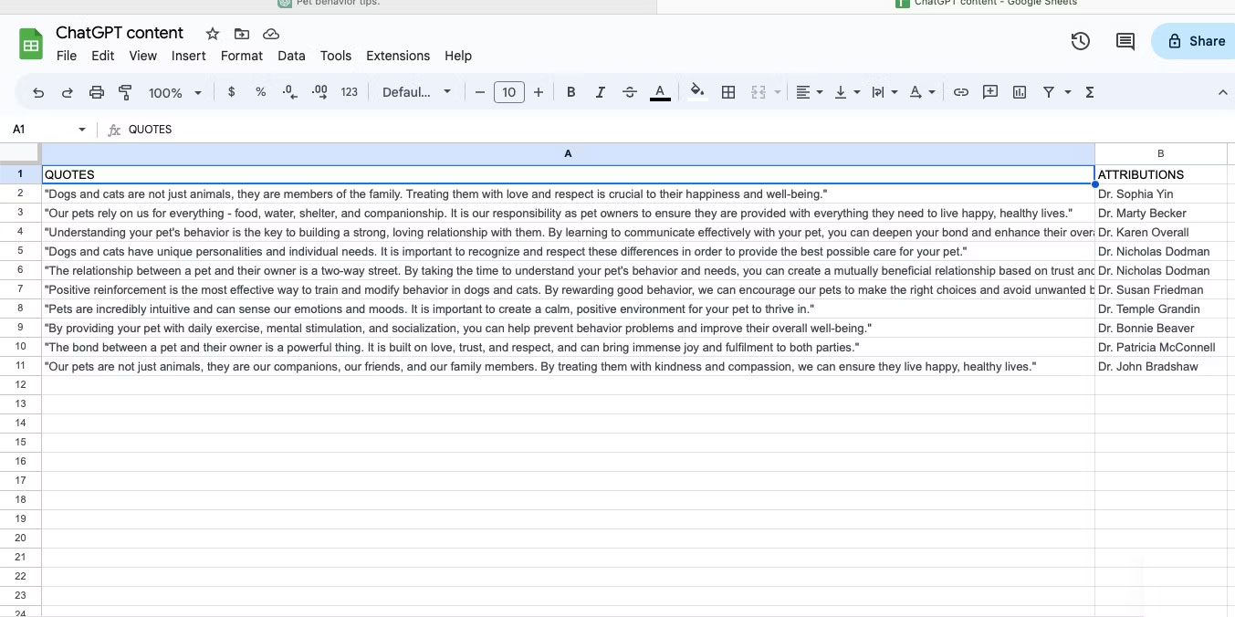 Google Sheets có nhãn Quotes và Attributions