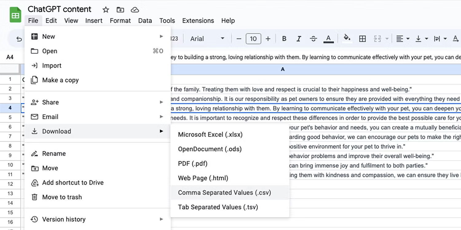 Tùy chọn lưu trong Google Sheets.