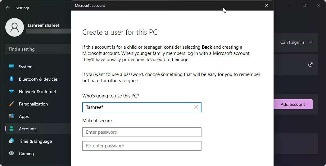 Tạo tài khoản người dùng mới Windows 11 PC