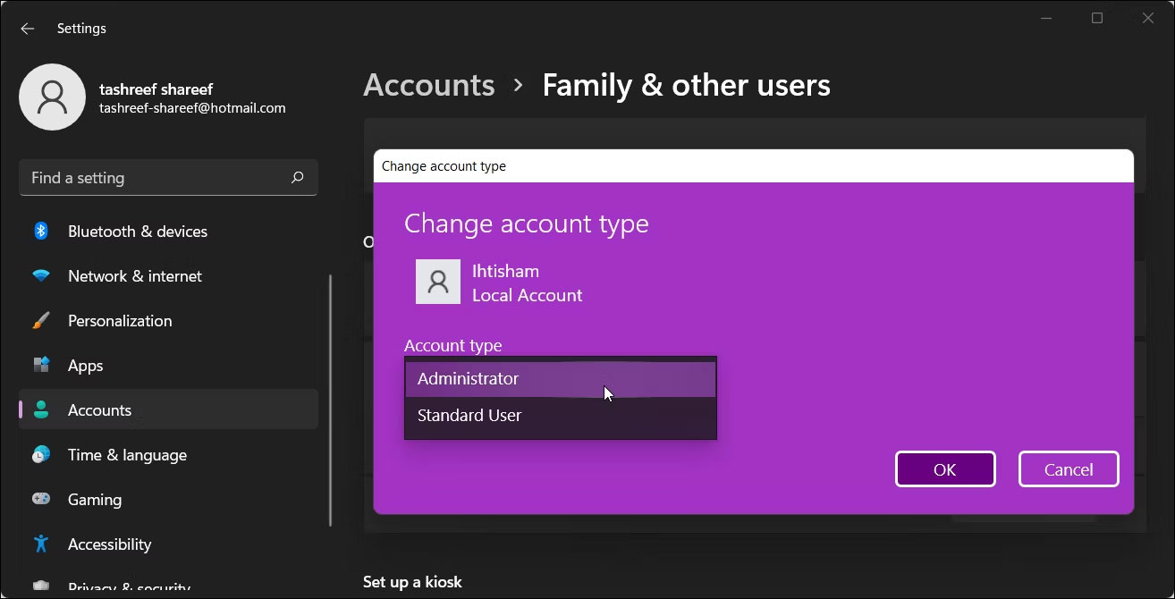 Thay đổi loại tài khoản người dùng Windows 11