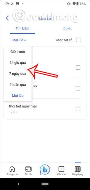 Chọn thời gian duyệt web trên Bing AI