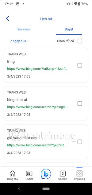 Lịch sử duyệt web trên Bing AI