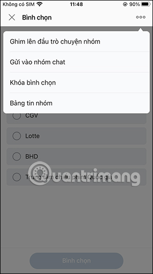 Tùy chọn bảng bình chọn nhóm chat Zalo