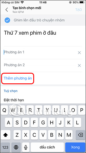 Thêm phương án bình chọn Zalo 