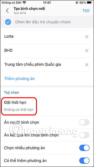 Chọn thời gian bình chọn trên Zalo