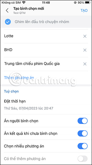 Tạo bình chọn nhóm Zalo 