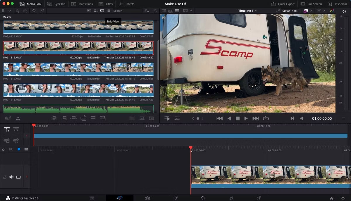 Trang Cut của DaVinci Resolve đang mở với Strip View đã được chọn và các clip xuất hiện dưới dạng cuộn phim