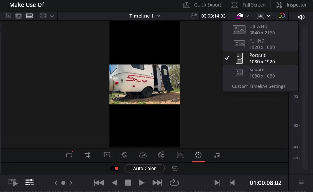 Trang Cut của DaVinci Resolve đang mở với độ phân giải timeline đã được chọn và các tùy chọn khác nhau cho độ phân giải có thể nhìn thấy được