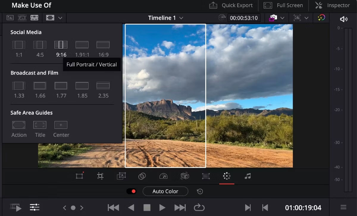 Trang Cut của DaVinci Resolve đang mở với vùng an toàn đã được chọn và nhiều tỷ lệ khung hình có thể hiển thị