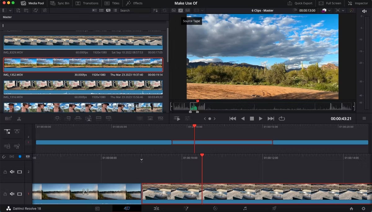 Trang Cut của DaVinci Resolve đang mở với trang nguồn đã được chọn và tất cả các clip đều có trên timeline của cửa sổ xem trước
