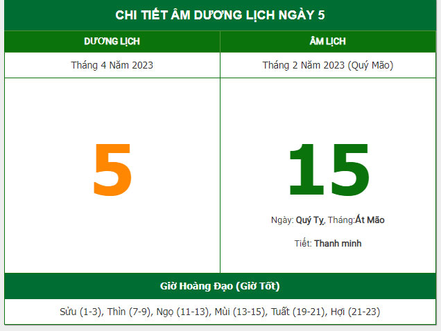 Xem lịch ngày 5/4/2023