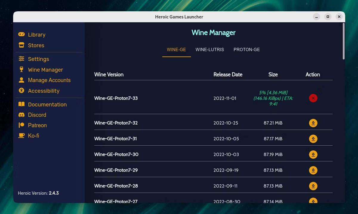 Cửa sổ Wine Manager trong Heroic Games Launcher