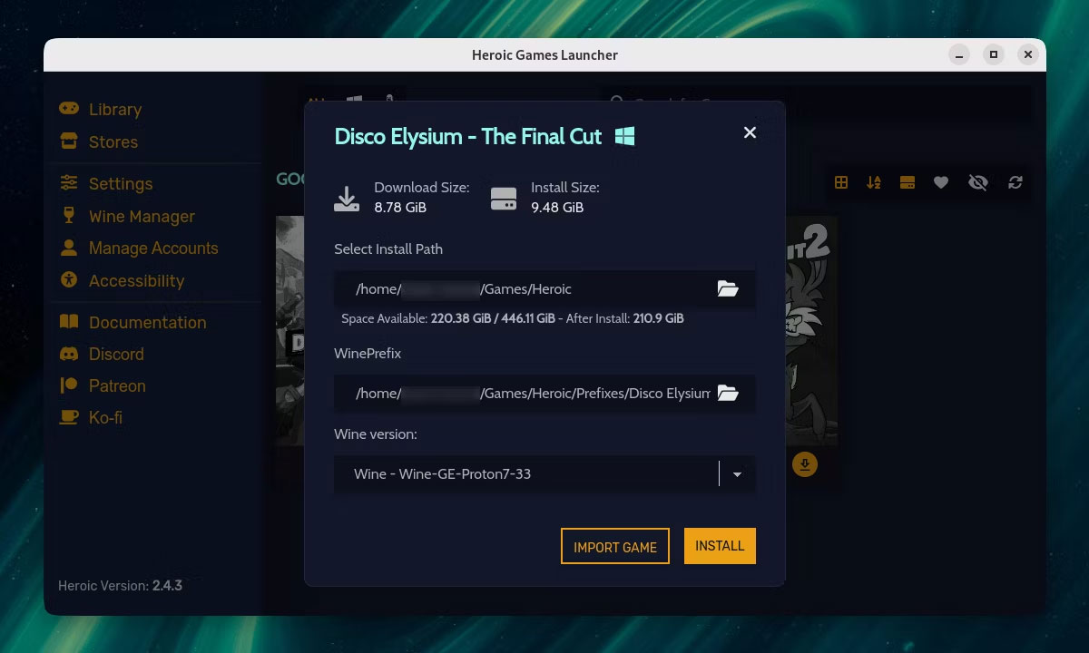 Heroic Games Launcher nhắc cài đặt Disco Elysium