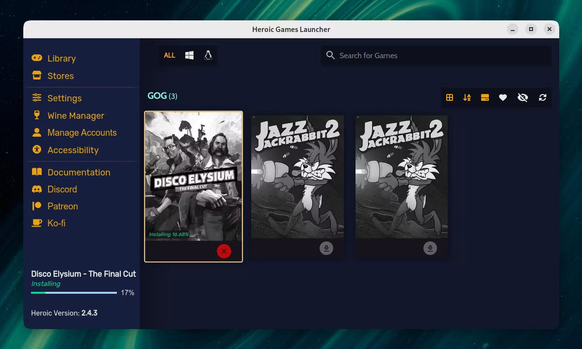 Cửa sổ Heroic Games Launcher đang hiển thị quá trình cài đặt Disco Elysium