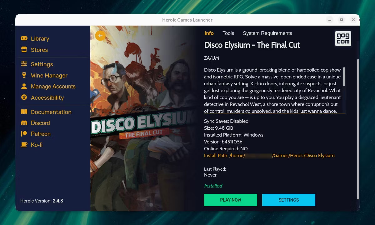 Heroic Games Launcher đang hiển thị bản sao đã cài đặt của Disco Elysium
