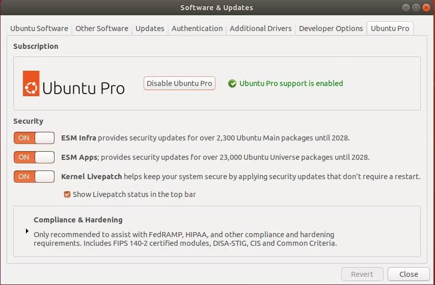 Ubuntu Pro hiển thị hoạt động thông qua Software & Updates