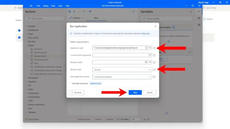The Run application window in the Power Automate app.