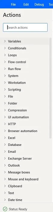 Full view of Actions options in the Power Automate app.