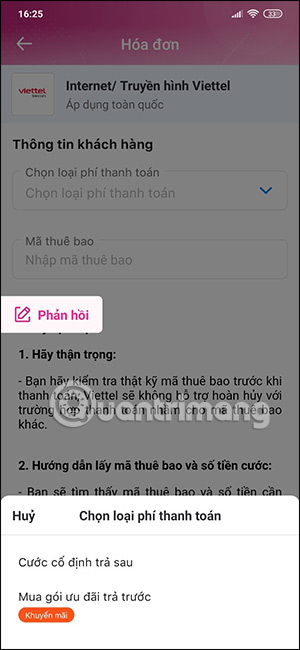 Chọn loại hóa đơn MoMo trên MoMo
