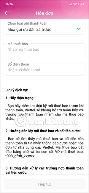 Nhập thông tin hoa đơn Internet Viettel