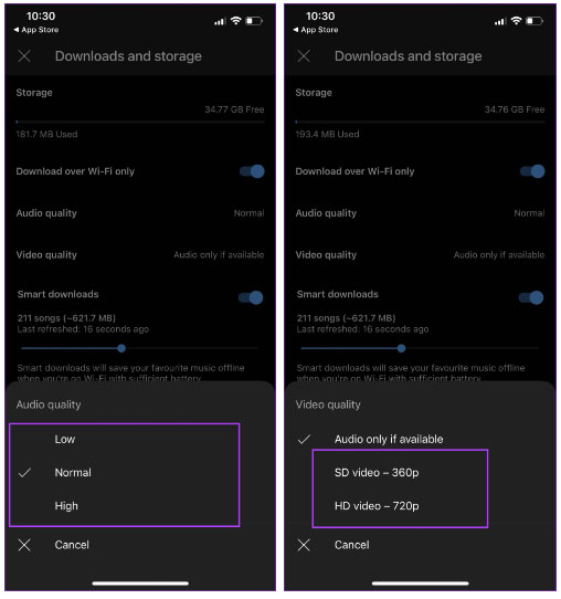 Chọn các tùy chọn Audio Quality và Video Quality