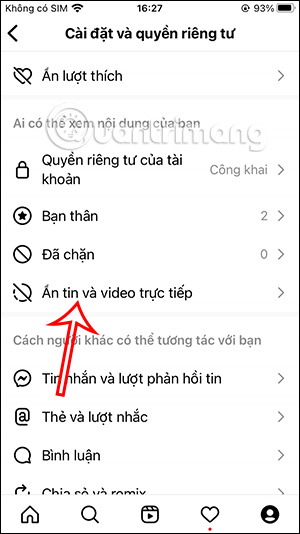 Ẩn tin và video trực tiếp Instagram