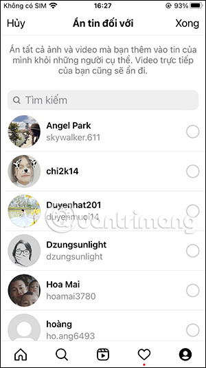 Danh sách bạn bè trên Instagram