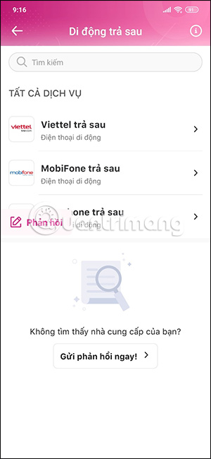 Chọn nhà mạng trả sau trên MoMo