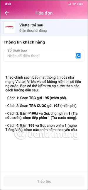 Điền số điện thoại cước trả sau trên MoMo