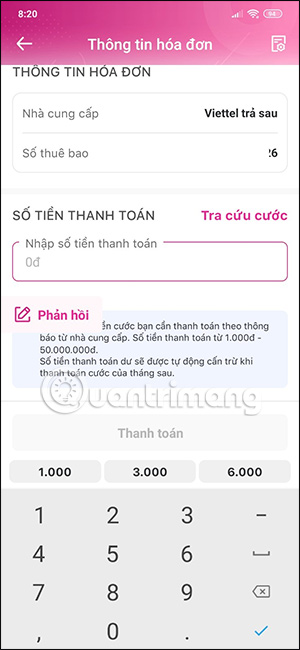 Nhập số tiền thanh toán trên MoMo