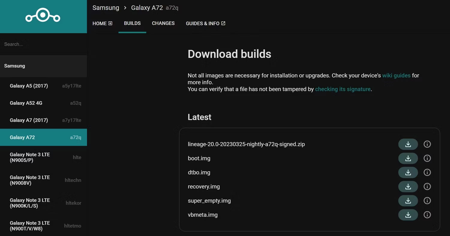 Trang web tải xuống dòng Samsung Galaxy A72