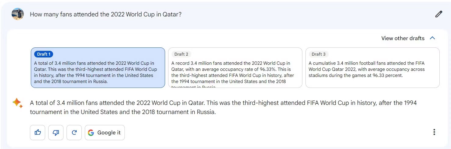 Ảnh chụp màn hình Google Bard trả lời câu hỏi số người tham dự World Cup