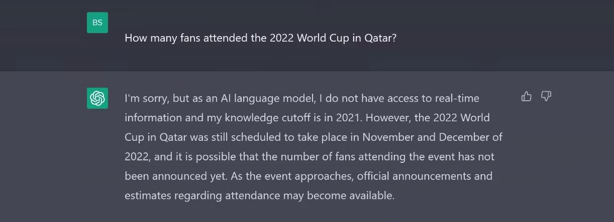Ảnh chụp màn hình ChatGPT trả lời câu hỏi tham dự World Cup