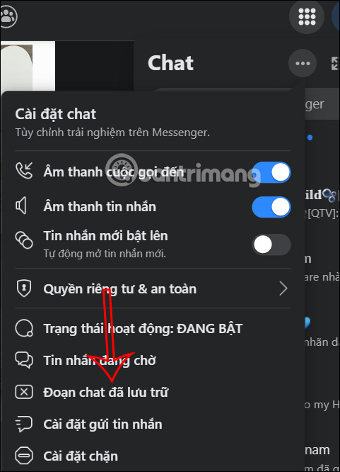 Đoạn chat lưu trữ trên Facebook PC