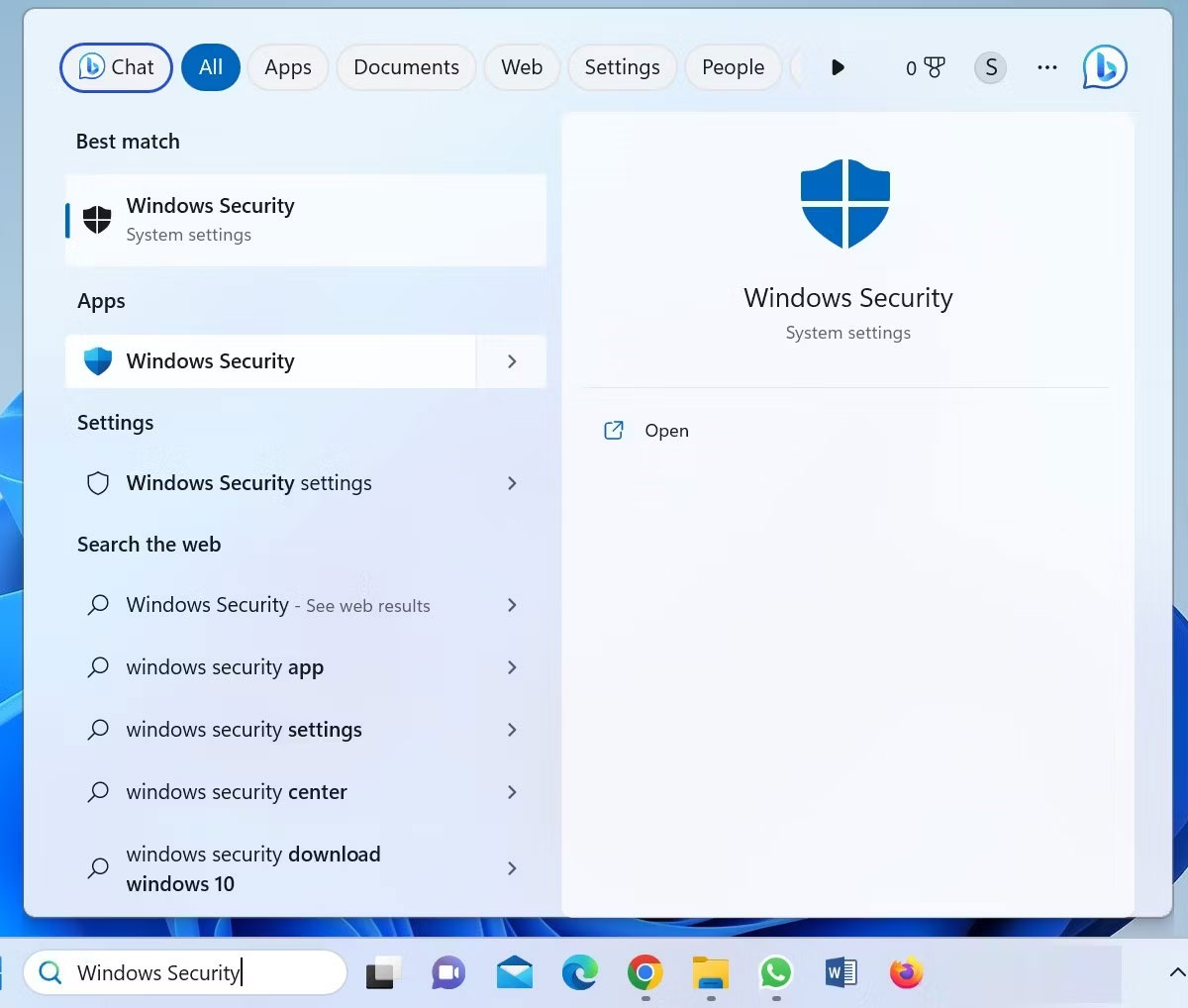 Mở Windows Security từ Windows Search
